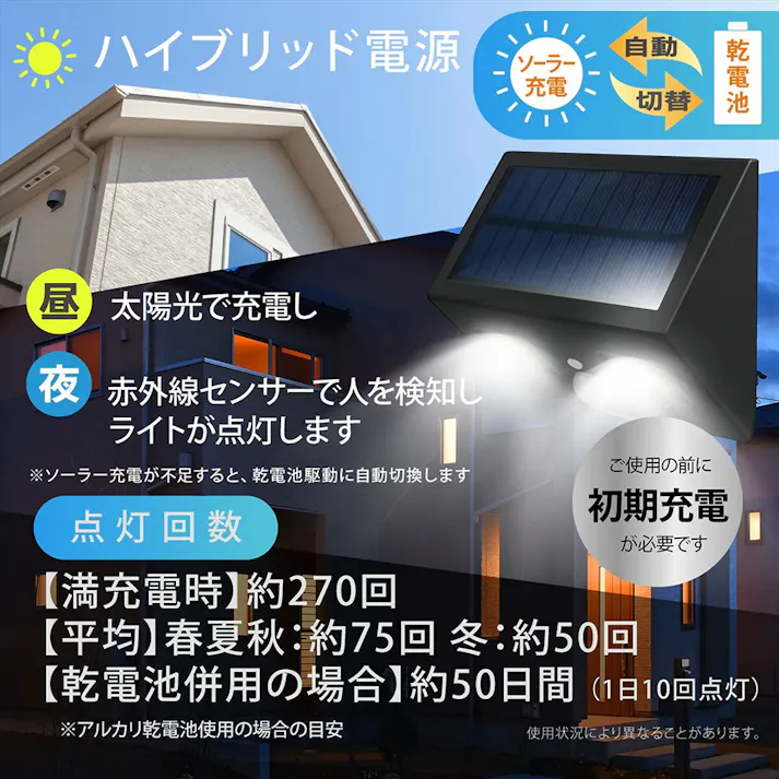 COBセンサーウォールライト ハイブリッド式 400ルーメン LT-SOW40DWH 防犯 調光切替 ソーラー発電式人感センサーライト 赤外線センサー IP65