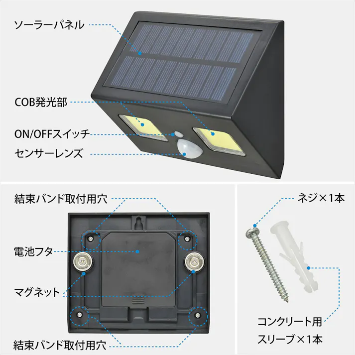 COBセンサーウォールライト ハイブリッド式 400ルーメン LT-SOW40DWH 防犯 調光切替 ソーラー発電式人感センサーライト 赤外線センサー IP65