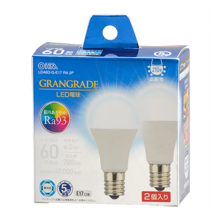 LED電球小形E17 60形相当 昼光色 2個入 LDA6D-G-E17 RA 2P