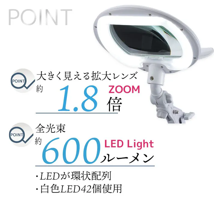 L-ZOOM エルズーム ルーペ付 LEDクランプライト アーム式 AS-L8095-2B-W