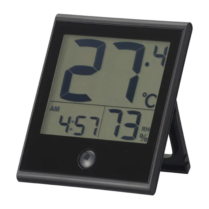 温度が見やすい温湿度計 時計機能付き ブラック TEM-210B-K