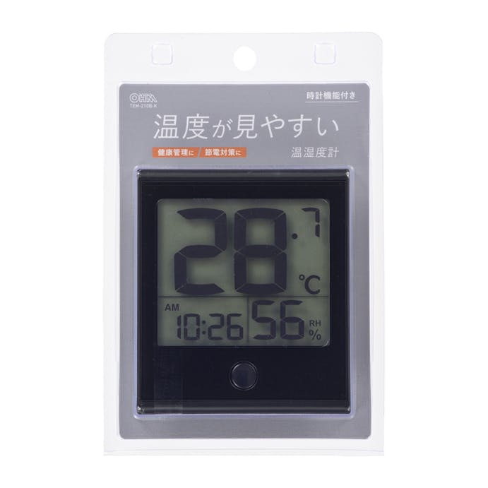 オーム電機 温度が見やすい温湿度計 時計機能付き ブラック TEM-210B-K