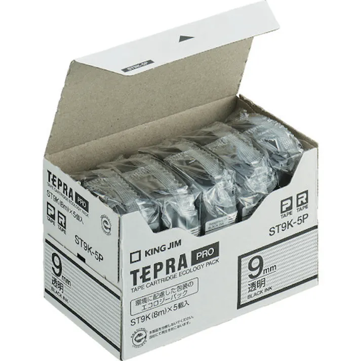 【CAINZ-DASH】キングジム 【純正】「テプラ」PROテープ 9mm エコパック(5個入り)/透明ラベル/黒文字 長さ8m ST9K-5P【別送品】