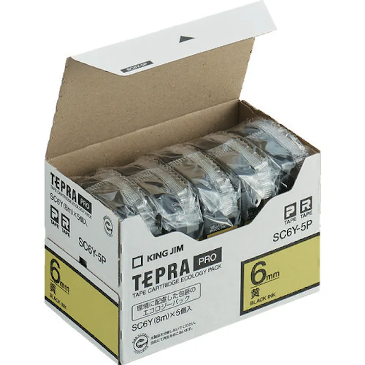 【CAINZ-DASH】キングジム 【純正】「テプラ」PROテープ 6mm エコパック(5個入り)/黄ラベル/黒文字 長さ8m SC6Y-5P【別送品】