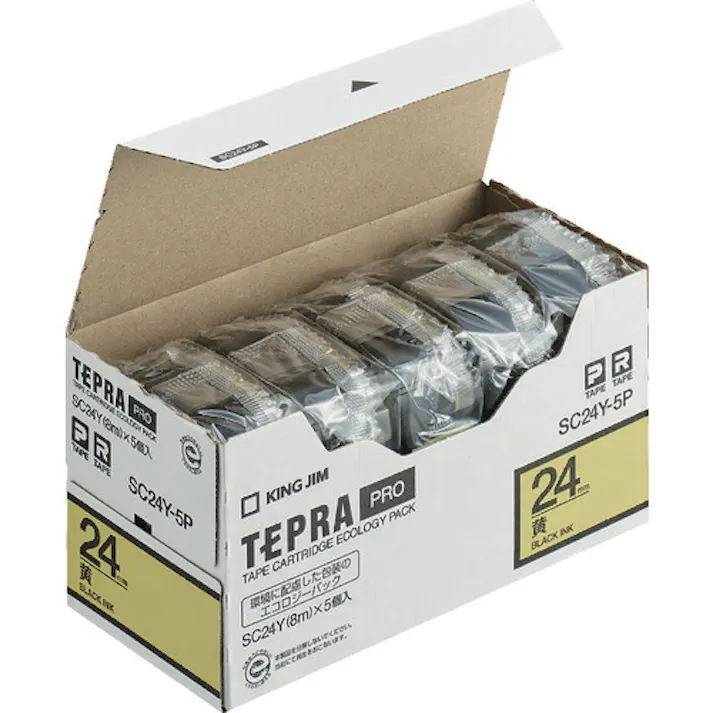 【CAINZ-DASH】キングジム 【純正】「テプラ」PROテープ 24mm エコパック(5個入り)/黄ラベル/黒文字 長さ8m SC24Y-5P【別送品】