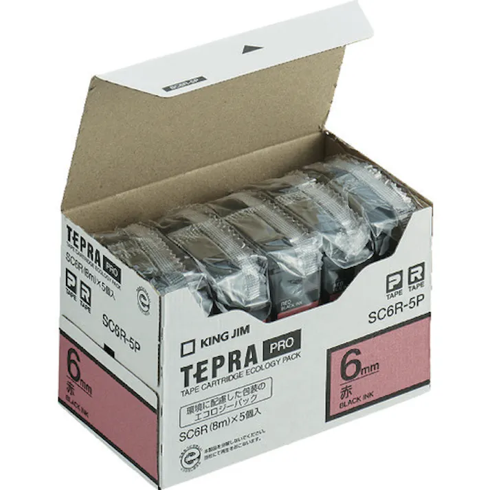 【CAINZ-DASH】キングジム 【純正】「テプラ」PROテープ 6mm エコパック(5個入り)/赤ラベル/黒文字 長さ8m SC6R-5P【別送品】