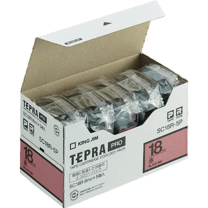 【CAINZ-DASH】キングジム 【純正】「テプラ」PROテープ 18mm エコパック(5個入り)/赤ラベル/黒文字 長さ8m SC18R-5P【別送品】