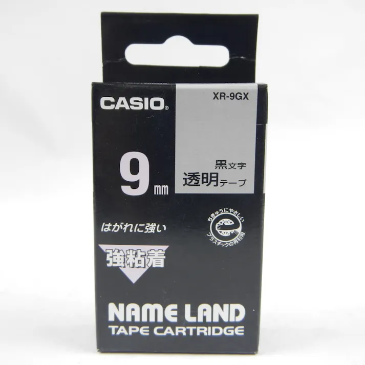 カシオ ネームランド テープ 強粘着 透明地に黒文字 9mm XR-9GX