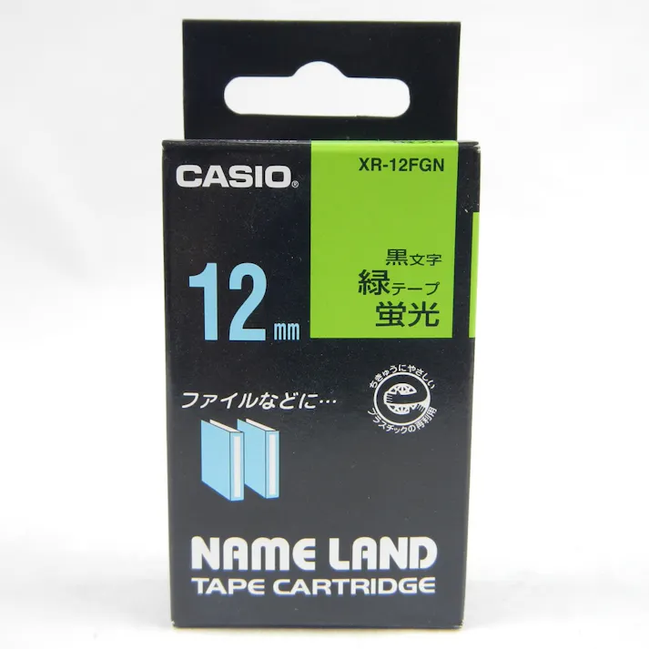 カシオ ネームランド テープ 蛍光緑地に黒文字 12mm XR-12FGN
