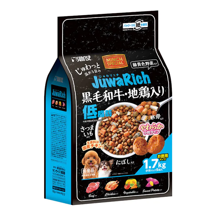 マルカン サンライズ じゅわリッチ 黒毛和牛・地鶏入り 低脂肪 やわらか小粒 小分パック5袋入 1.7kg