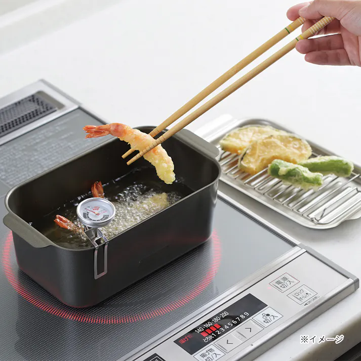 角型蓋付き天ぷら鍋 アミ・温度計付