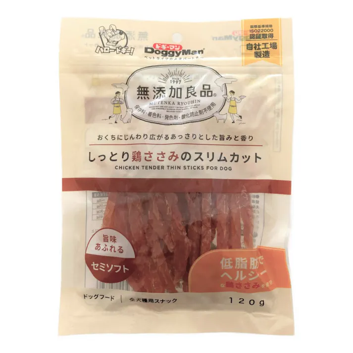 ドギーマン 無添加良品 しっとり鶏ささみのスリムカット セミソフト 全犬種用スナック 120g