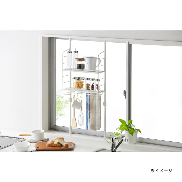 キッチンつっぱりラック トレイ付 マッドホワイト