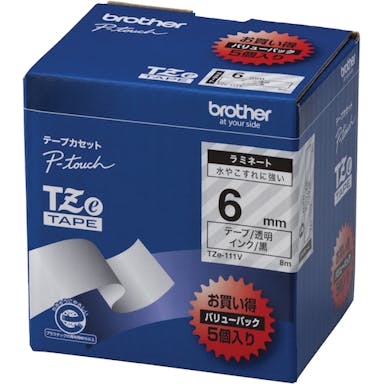 【CAINZ-DASH】ブラザー販売 Ｔｚｅテープ　黒文字／透明テープ／６ｍｍ　（お徳用パック５個入） TZE-111V【別送品】
