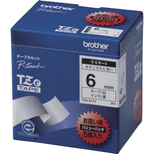ブラザー工業 Tzeテープ 黒文字/白地/6mm (お徳用パック5個入) TZE-211V ラベルプリンタ用テープカートリッジ ブラザー工業 Tzeテープ 黒文字/白地/6mm (お徳用パック5個入) TZE-211V ラベルプリンタ用テープカートリッジ