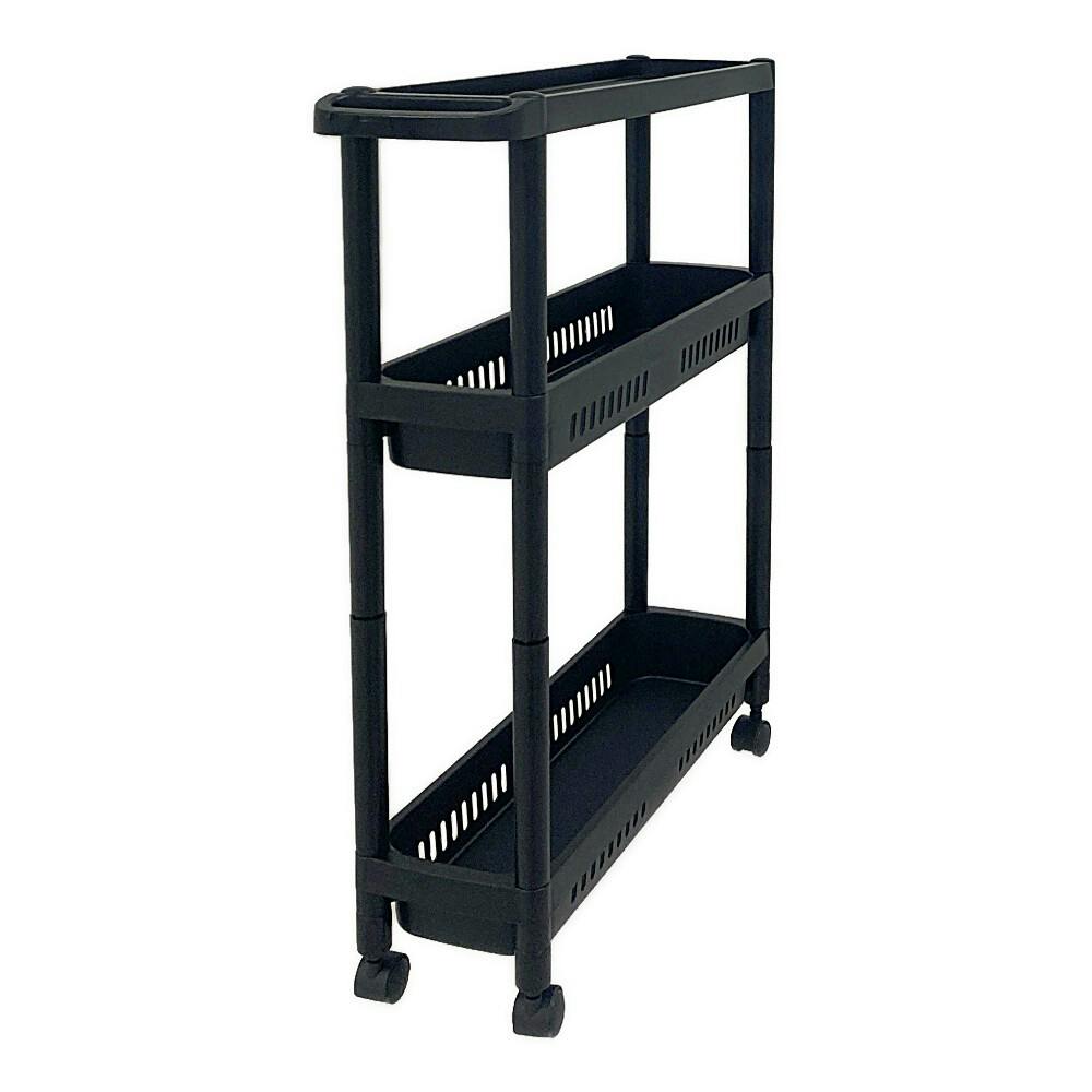 天板トレー付きスリムワゴン3段 ブラック 幅15cm 奥行54cm 高さ65cm
