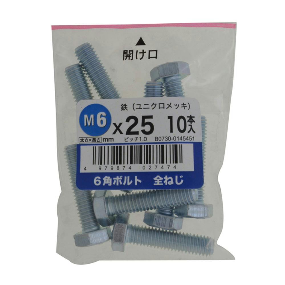 六角ボルト全ねじ 10入り 6×25