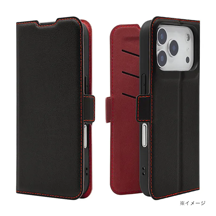 ラスタバナナ iPhone17 Pro用 薄型手帳ケース サイドマグネット ブラック×レッド 8979IP5BBSMBKR