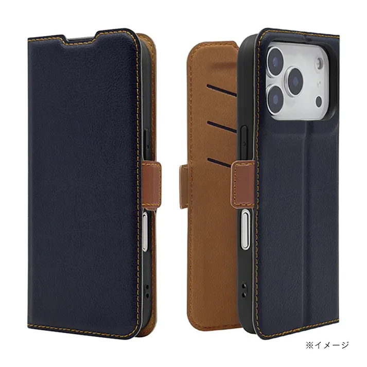 ラスタバナナ iPhone17 Pro用薄型手帳ケース サイドマグネット ネイビー×ブラウン 8980IP5BBSMNVB