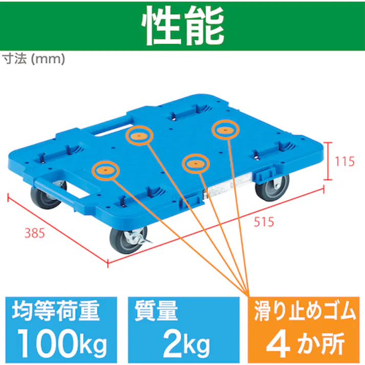 【CAINZ-DASH】トラスコ中山 樹脂製平台車 ルートバン 370X500 ストッパー付 青 MPB-500S-B【別送品】