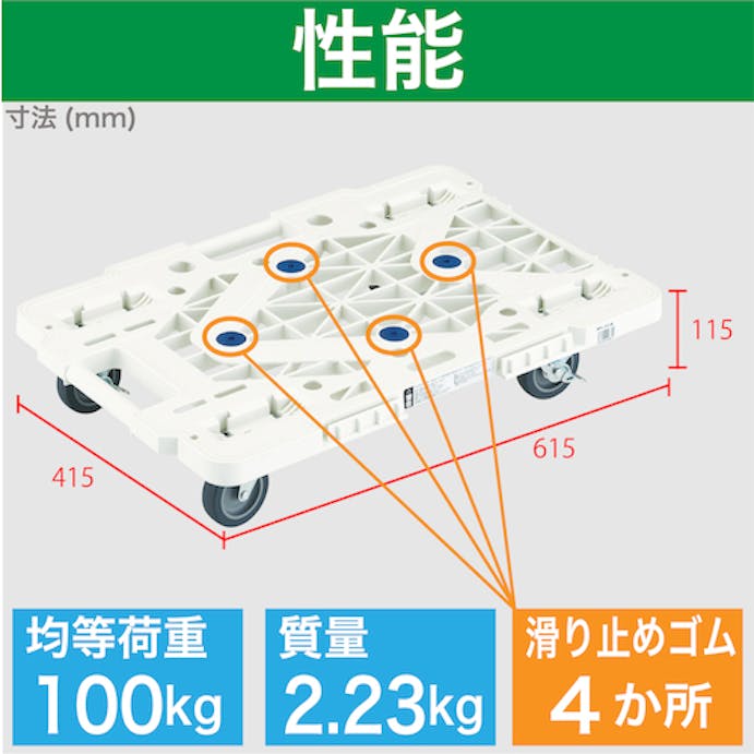 【CAINZ-DASH】トラスコ中山 樹脂製平台車　　ルートバンメッシュタイプ　６１５Ｘ４１５　４輪自在　ストッパー付　白 MPK-600JS-W【別送品】