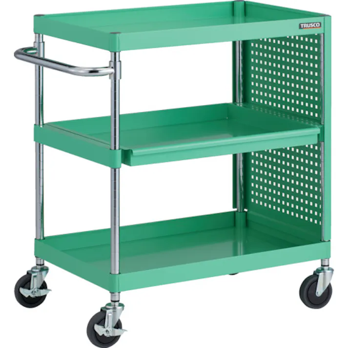 【CAINZ-DASH】トラスコ中山 ツールワゴン フェニックスワゴン 抗菌 省音 750X500 スライド1段 側面パネル付 ヤンググリーン PEW-972M1PL-YG【別送品】