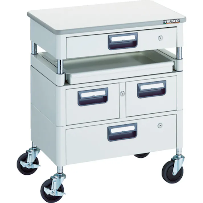 【CAINZ-DASH】トラスコ中山 ツールワゴン フェニックスワゴン 省音 600X400 H740 引出付 スライド1段 天板付 ホワイト PEW-760M1VWZT-W【別送品】