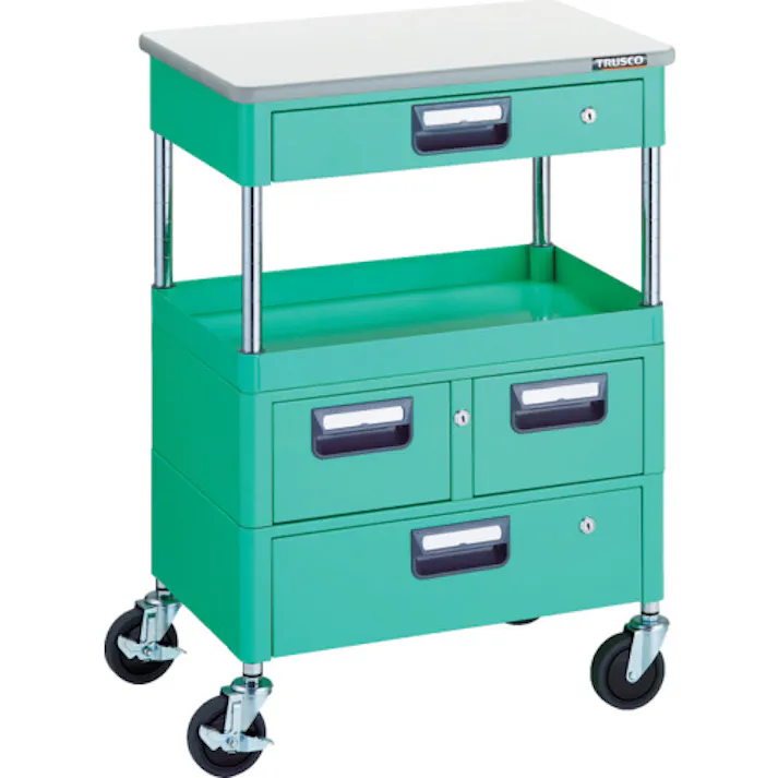 【CAINZ-DASH】トラスコ中山 ツールワゴン フェニックスワゴン 省音 600X400 H880 引出付 天板付 ヤンググリーン PEW-961VWZT-YG【別送品】