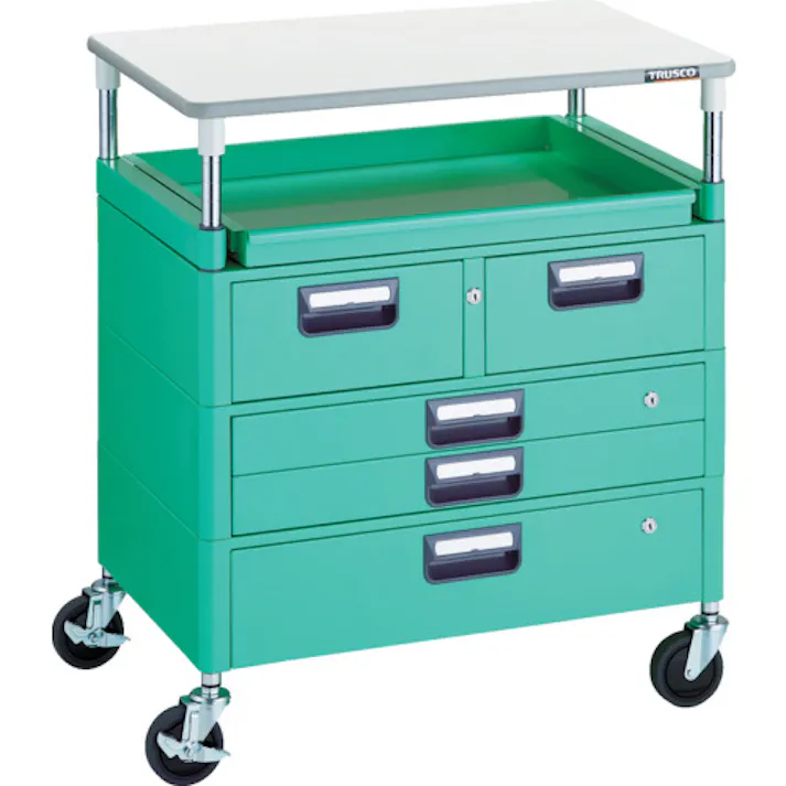 【CAINZ-DASH】トラスコ中山 ツールワゴン フェニックスワゴン 省音 750X500 H880 引出付 スライド1段 天板付 ヤンググリーン PEW-970M1VXWT-YG【別送品】