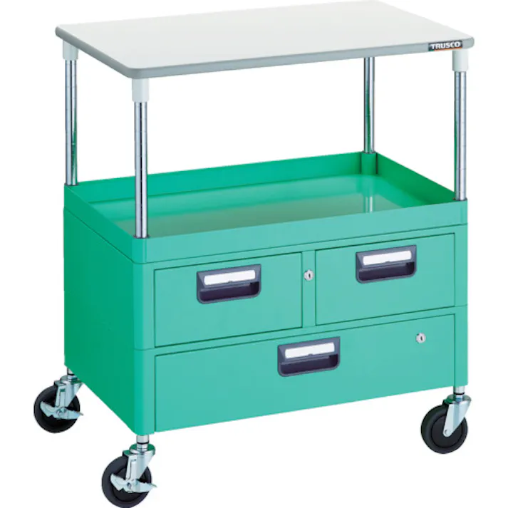 【CAINZ-DASH】トラスコ中山 ツールワゴン フェニックスワゴン 省音 750X500 H880 引出付 天板付 ヤンググリーン PEW-971VWT-YG【別送品】