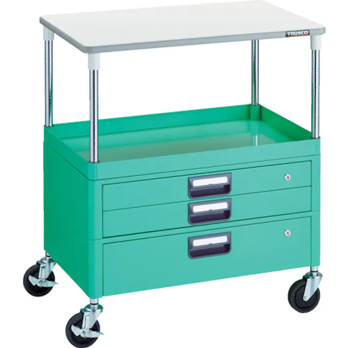 【CAINZ-DASH】トラスコ中山 ツールワゴン フェニックスワゴン 省音 750X500 H880 引出付 天板付 ヤンググリーン PEW-971VXT-YG【別送品】
