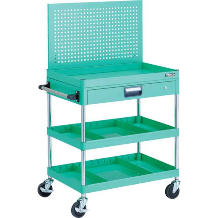 【CAINZ-DASH】トラスコ中山 ツールワゴン フェニックスワゴン 省音 750X500 仕切2段付 引出付 上部パンチングパネル仕様 ヤンググリーン PEW-P973ZS2-YG【別送品】