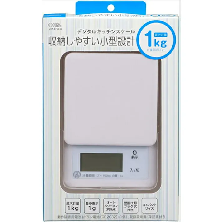 オーム電機 オーム OHM キッチンスケール 1kg計 COK-S100-W 料理用はかり 量り 計り デジタル 計量 08-0058