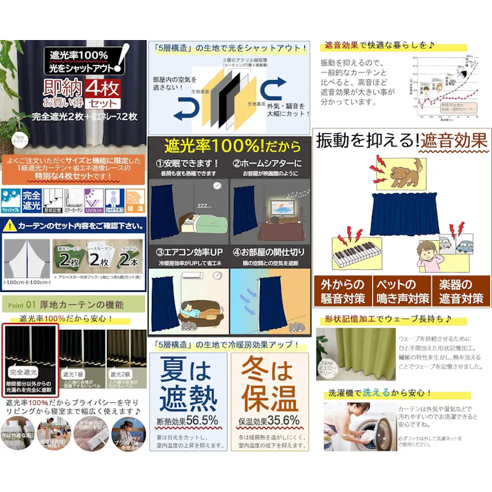 インテリアショップゆうあい カーテン セット 完全遮光 4枚 (厚地2枚+レース2枚) 幅100cm×丈178cm Newイエローグリーン (Y) 遮光率100% ミラーレース youaica-kanzen 無地カーテン 両開き 断熱 保温 プライバシー保護