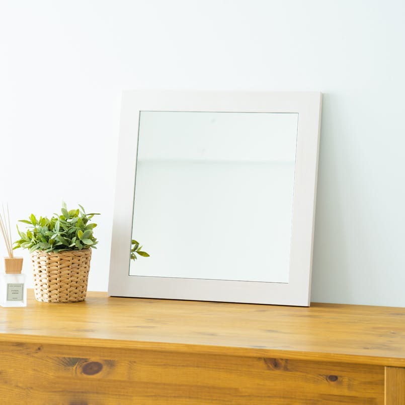 日本製】【幅広枠正方形ウォールミラー 幅50cm(ホワイト/白)】 天然木