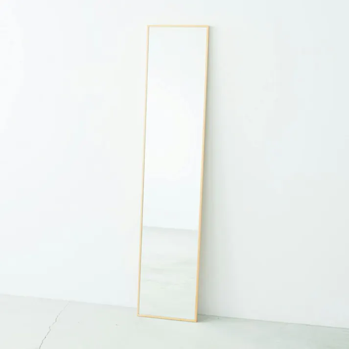 【日本製】【細枠ウォールミラー 幅32cm(ナチュラル)】 天然木 姿見 鏡 高級感 木製 飛散防止加工 壁掛け 国産 完成品