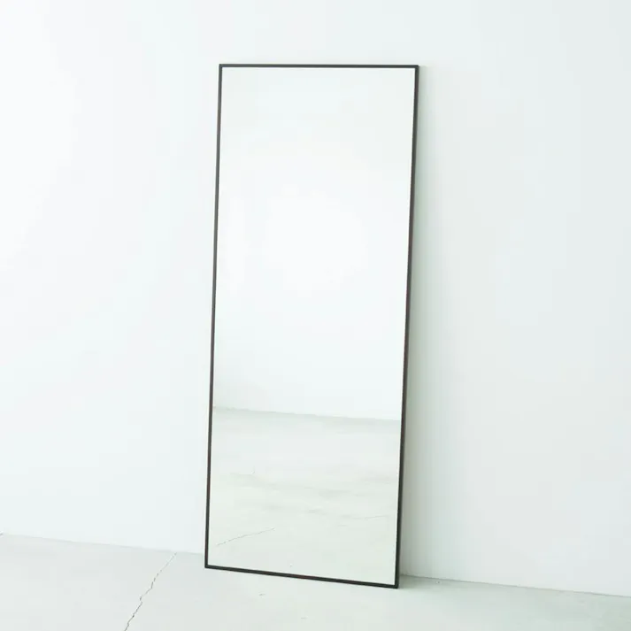 【日本製】【細枠ウォールミラー 幅60cm(ブラウン/茶) 】天然木 姿見 鏡 ワイド 高級感 木製 飛散防止加工 壁掛け 国産 完成品