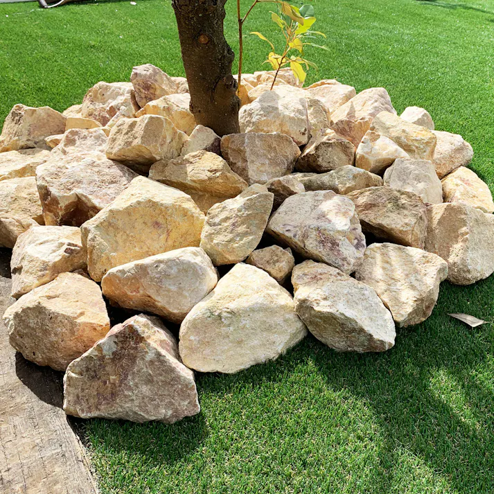 TAIKOH マーブルイエローゴロタ 90-120mm 20kg 天然大理石 ロック 景石 イエロー 黄 ベージュ 割栗 中