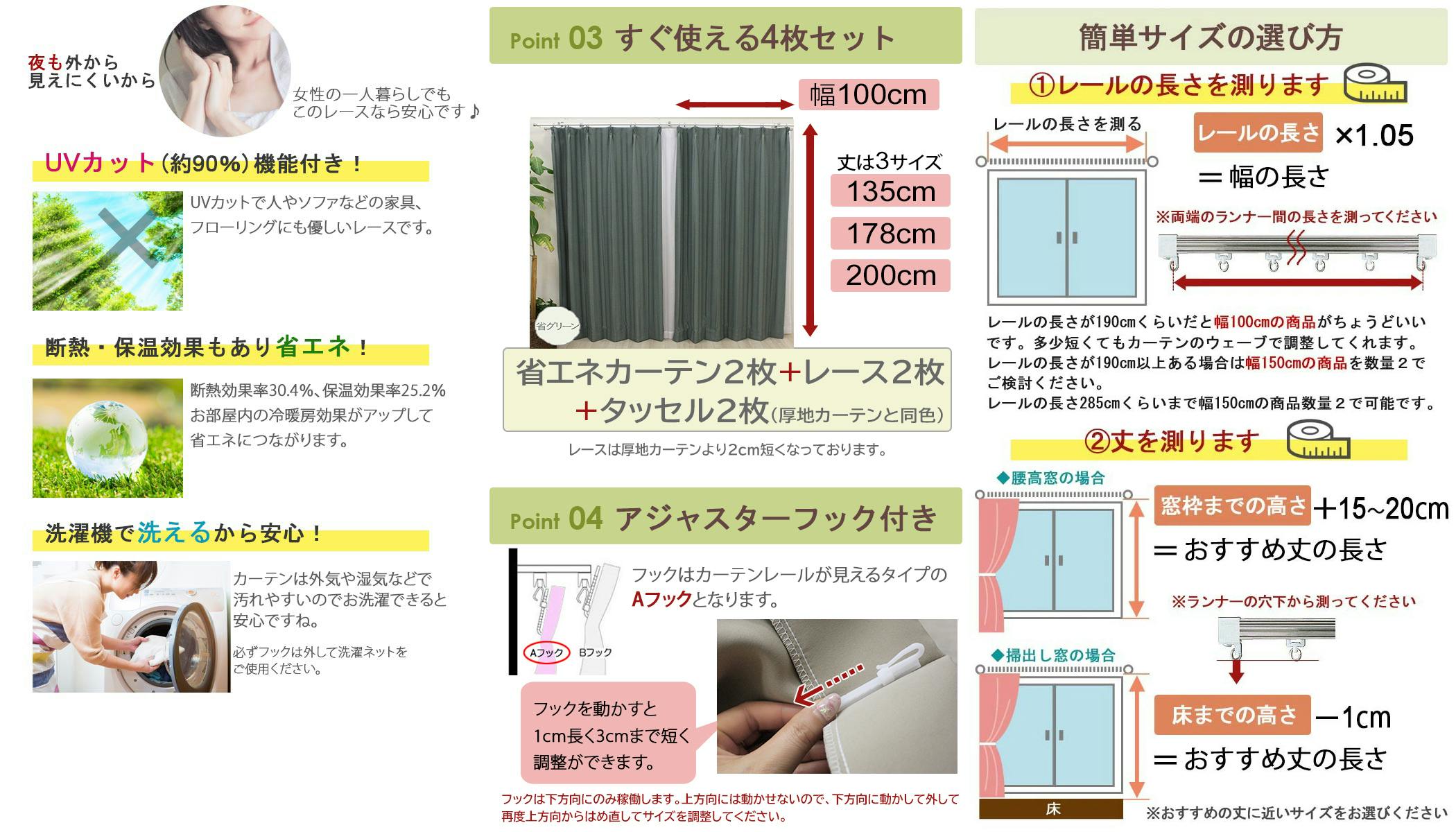 インテリアショップゆうあい カーテン セット 省エネ遮光 4枚 (厚地2枚