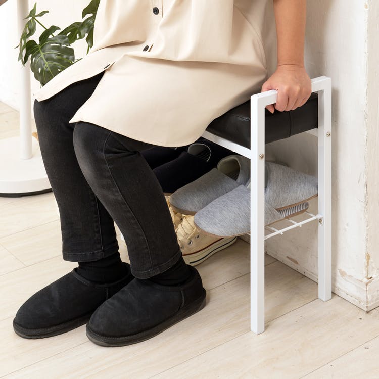 クッション付エントランスベンチ クッション付エントランスベンチ(ホワイト/白)】 収納棚付 玄関