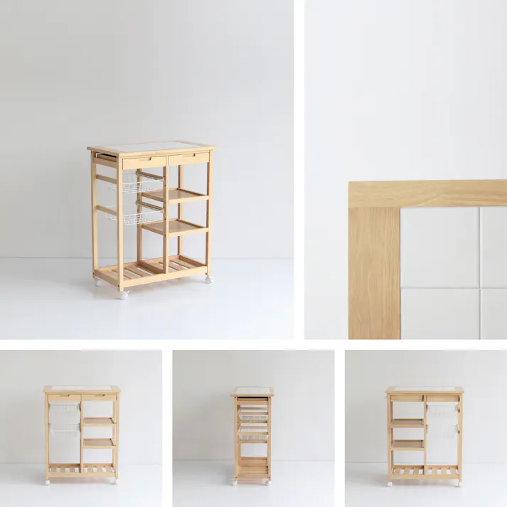 天然木×タイルが美しいキッチンワゴン Soup Basket Wagon ナチュラル