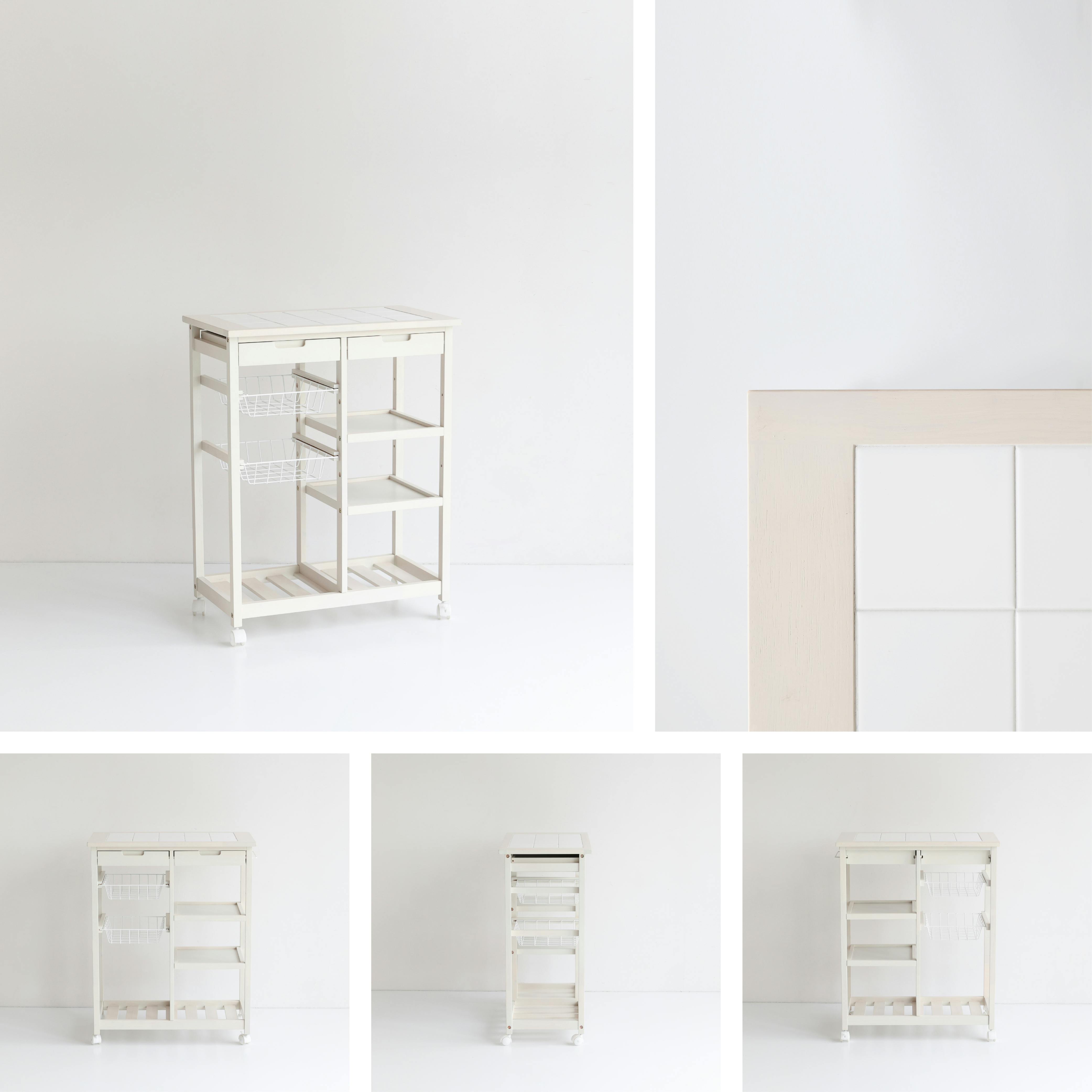 天然木×タイルが美しいキッチンワゴン Soup Basket Wagon ホワイト