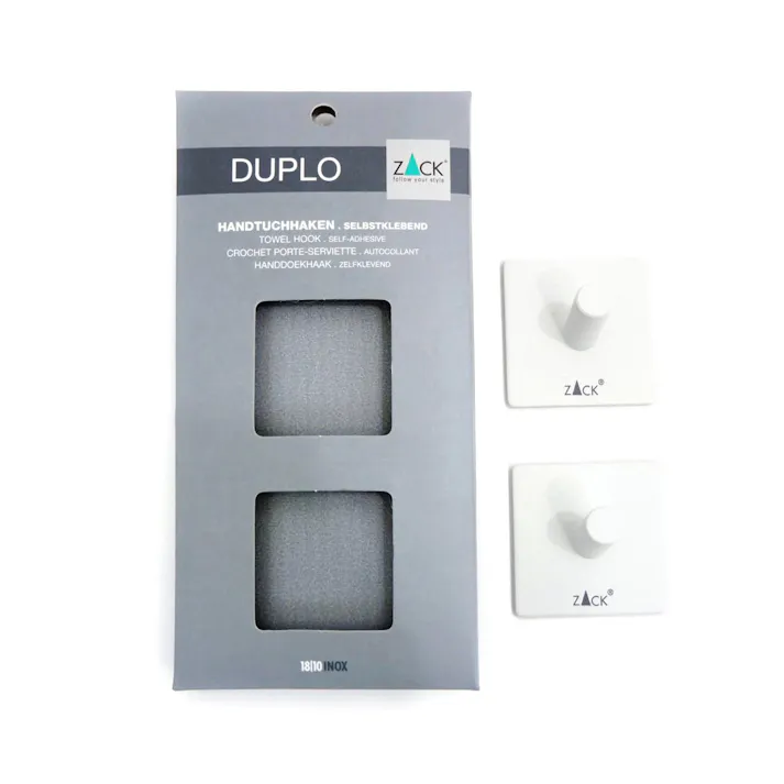タオルフック ホワイト(スクエア/2個入)|ZACK 40125 DUPLO フック セット シール タオル掛け 浴室 洗面 キッチン ステンレス おしゃれ 雑貨 スタイリッシュ モード かっこいい 上質 高級 ホテルライク 男前インテリア インダストリアル ドイツ デザイナーズ