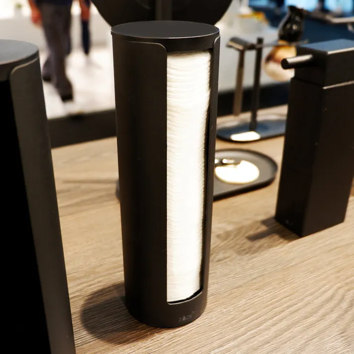 コットンパッドディスペンサー マットブラック|ZACK 40518 OLOMO コットン入れ コットンケース コットンパッド入れ コスメ収納 ホテルライク ステンレス おしゃれ 雑貨 かっこいい 上質 高級 ホテルライク 男前インテリア インダストリアル ドイツ デザイナーズ