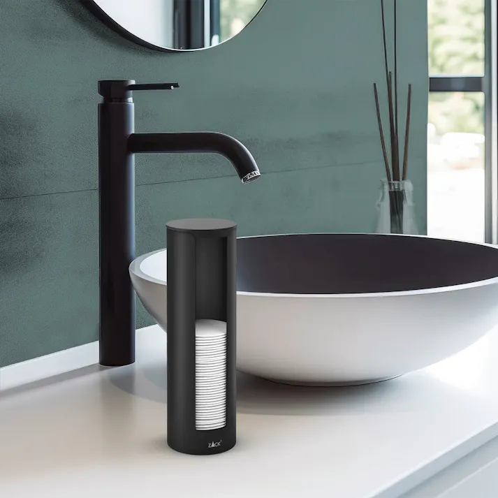 コットンパッドディスペンサー マットブラック|ZACK 40518 OLOMO コットン入れ コットンケース コットンパッド入れ コスメ収納 ホテルライク ステンレス おしゃれ 雑貨 かっこいい 上質 高級 ホテルライク 男前インテリア インダストリアル ドイツ デザイナーズ