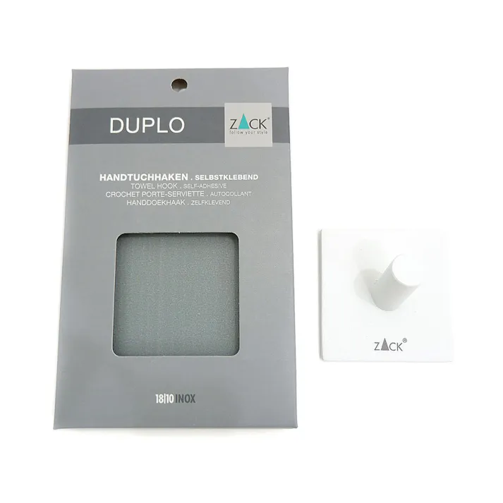 タオルフック スクエア ホワイト|ZACK 40154 DUPLO 四角フック シール タオル掛け タオルハンガー 浴室 洗面 キッチン ステンレス おしゃれ 雑貨 スタイリッシュ モード かっこいい 上質 高級 ホテルライク 男前インテリア インダストリアル ドイツ デザイナーズ