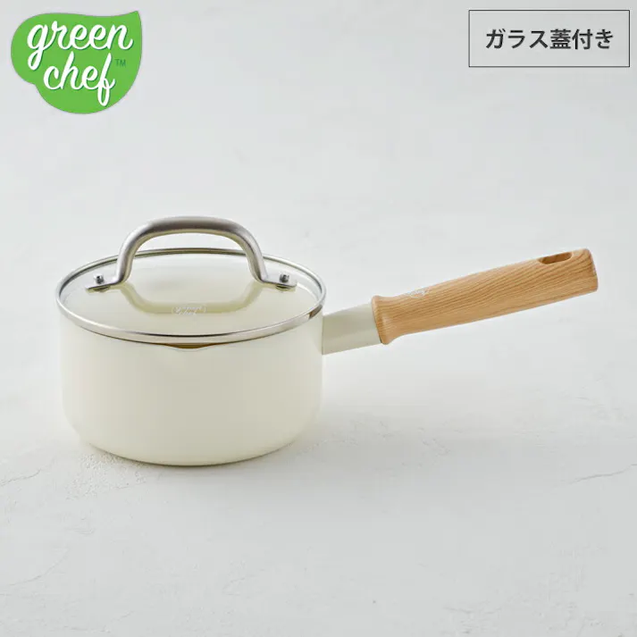 グリーンシェフ ビンテージ ホワイト ソースパン 16cm ガラス蓋付き IH対応 2729-1 greenchef【片手鍋 ダイヤモンド セラミックコーティング PFOA PFAS フリー ミルクパン 両口】