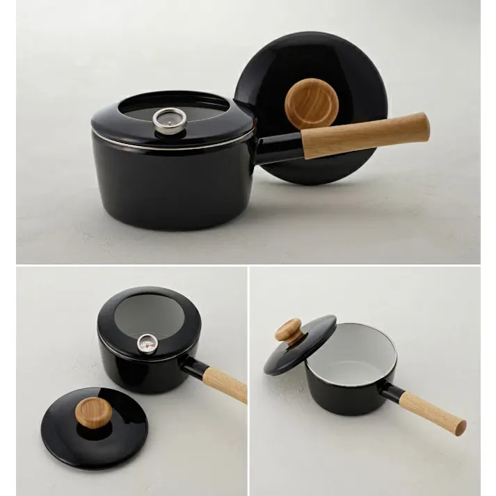 富士ホーロー 片手 天ぷら鍋 2WAY ホーロー 温度計付き フタ付き 16cm IH対応【てんぷら鍋 揚げ鍋 小型 片手鍋 ホーロー鍋 琺瑯 揚げ物 鍋 蓋付き 調理器具】 ブラック