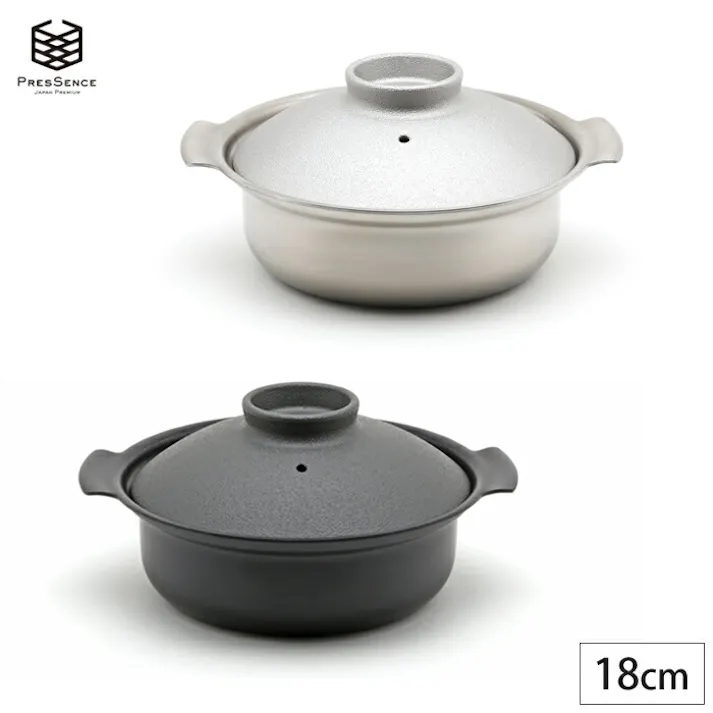 IH DONABE 土鍋 18cm DN-18 ガス火 IH対応 プレッセンス【卓上鍋 浅型 両手鍋 一人鍋 ステンレス アルミ 3層鋼 PRESSENCE 宮崎製作所 日本製】 グレー