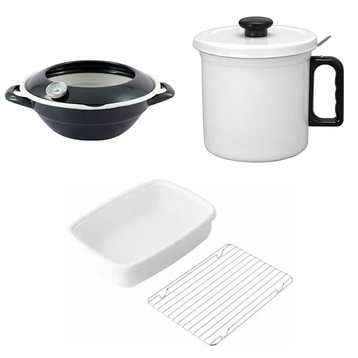 天ぷら鍋 オイルポット 網付きホーロー容器 調理器具 3点セット 富士ホーロー【てんぷら鍋 揚げ鍋 揚げ物 温度計付き IH対応 天ぷらバット 琺瑯】ブラック-天ぷら鍋 ホワイト-オイルポット